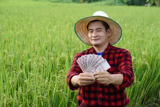 Asian farmer man is at paddy field, wears hat and red plaid shirt, hold Thai banknote money. Concept , Farmer happy to get profit, income, agriculture supporting money. photo