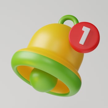 Cute yellow green bell alarm popup notification reminder alert icon sign or symbol on UI social media or website 3D rendering illustration on white background photo