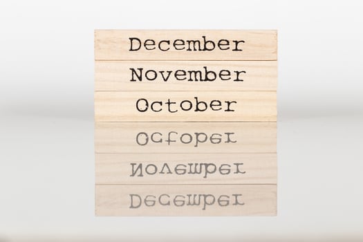 wooden cube with the inscription October, November, December on a white background photo