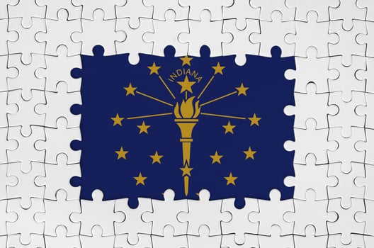 Indiana US state flag in frame of white puzzle pieces with missing central part photo