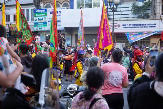 Ho Chi Minh city, Vietnam - 6 Feb 2023 Lunar New Year celebration - The dragon dance, beautiful colorful festive figure. Tet holiday background. Chinese Lunar New Year's Day, Spring Festival. photo