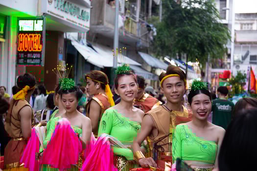 Ho Chi Minh city, Vietnam - 6 Feb 2023 Lunar New Year celebration - The dragon dance, beautiful colorful festive figure. Tet holiday background. Chinese Lunar New Year's Day, Spring Festival. photo