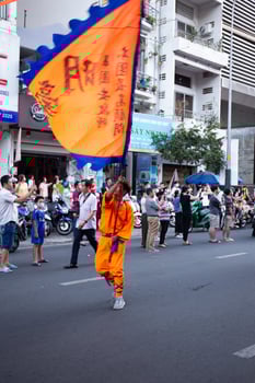 Ho Chi Minh city, Vietnam - 6 Feb 2023 Lunar New Year celebration - The dragon dance, beautiful colorful festive figure. Tet holiday background. Chinese Lunar New Year's Day, Spring Festival. photo