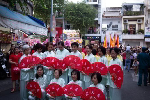 Ho Chi Minh city, Vietnam - 6 Feb 2023 Lunar New Year celebration - The dragon dance, beautiful colorful festive figure. Tet holiday background. Chinese Lunar New Year's Day, Spring Festival. photo