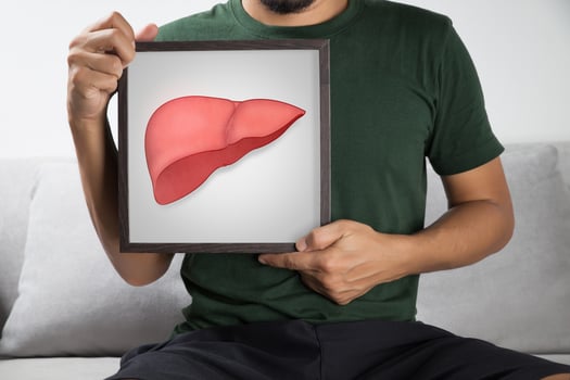 The photo of liver on man's body, Hepatitis, Concept with Healthcare And Medicine.