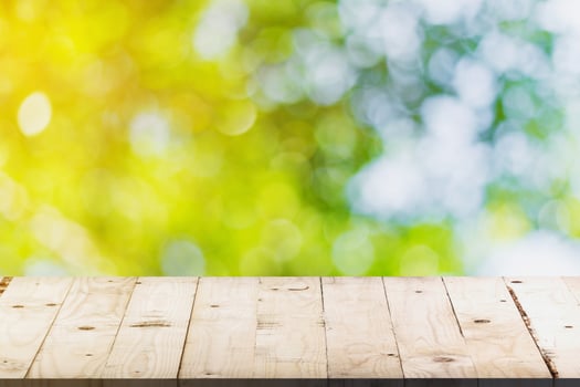 green bokeh and soft light in garden and wood table with space photo