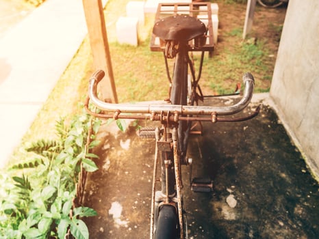 Vintage bicycle or old bicycle vintage park on old wall home. photo