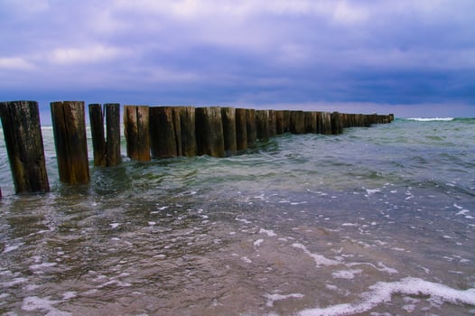 on the beach of the baltic sea in zingst. view of the sea with groyne. Landscape photo
