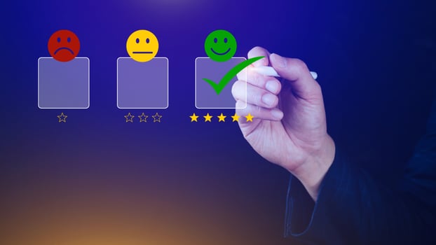 Businessman choosing happy smile face icon. feedback rating and positive customer review experience, satisfaction survey. mental health assessment. photo