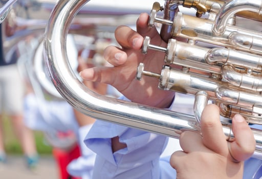 Human hand playing the flugelhorn,fragment of tuba with hands of musician photo
