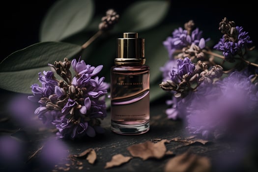 Unique and aromatic oil for body care. Lilac flower products photography photo