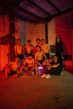 a group of adult men are having a reunion with their friends on new year's eve photo