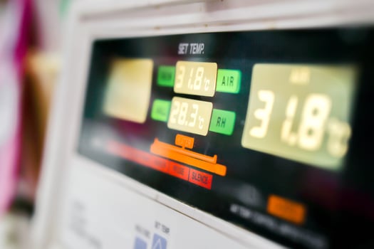 Close up of Temp monitor of baby incubator in the hospital with show the number of temperatures used to warm the sick newborn inside. photo