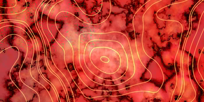 Red and yellow background. Abstract topographic map background with height lines. Topo contour map magic black gold red neon light curved lines. Caustics distortion line art background. photo