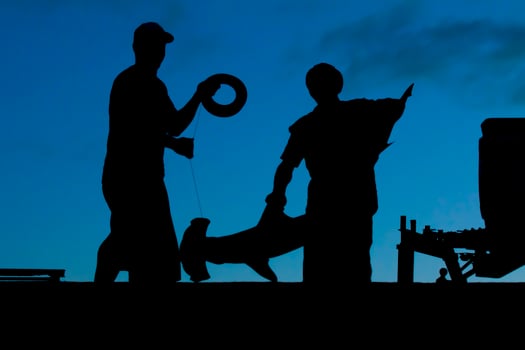 Two polynesian fisherman from Tonga before sunnrise in a silhouette with an hammerhead shark photo