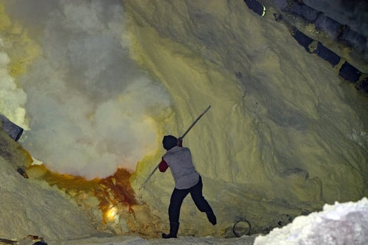 yellow sulfur mine ijen volcano at sunrise panorama landscape view photo