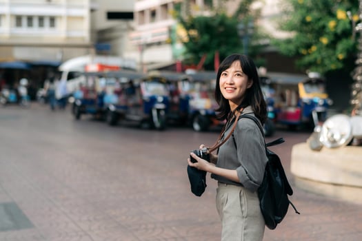 Young Asian woman backpack traveler using digital compact camera, enjoying street cultural local place and smile. Traveler checking out side streets. photo