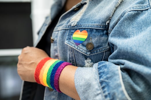 Asian lady wearing rainbow flag wristbands isolate on white background, symbol of LGBT pride month celebrate annual in June social of gay, lesbian, bisexual, transgender, human rights. photo