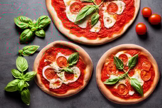 Italian pizza Margherita with tomato sauce Mozzarella cheese basil on a dark concrete background. Pizza recipe and menu. photo