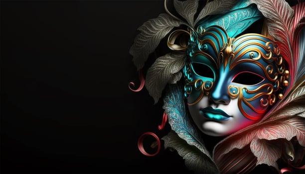 Carnival party. Venetian mask copy space on black background. Festival decoration. photo