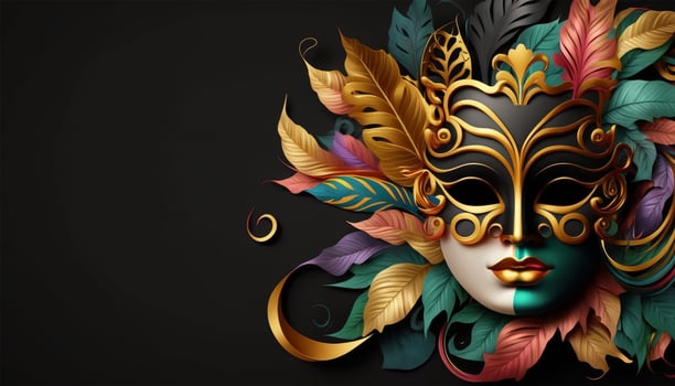 Carnival party. Venetian mask copy space on black background. Festival decoration. photo