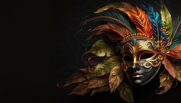 Carnival party. Venetian mask copy space on black background. Festival decoration. photo