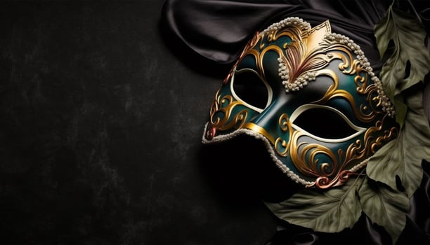 Carnival party. Venetian mask copy space on black background. Festival decoration. photo