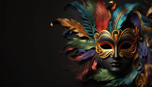 Carnival party. Venetian mask copy space on black background. Festival decoration. photo