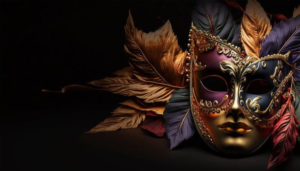 Carnival party. Venetian mask copy space on black background. Festival decoration. photo