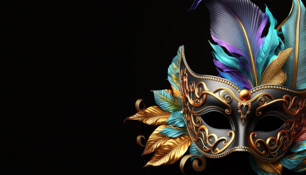Carnival party. Venetian mask copy space on black background. Festival decoration. photo