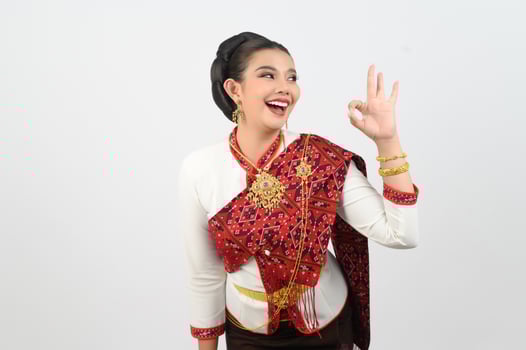 Young beautiful woman dress up in local culture in northern region with OK posture photo