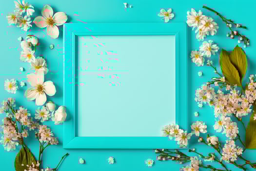 Beautiful spring nature background with lovely blossom, petal a on turquoise blue background frame photo