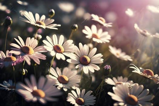 Meadow with lots of white and pink spring daisy flowers in sunny day photo