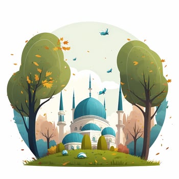 Cute blue mosque In the middle of the grass field on the edges there are trees and some fallen leaves, children's book illustration style. photo