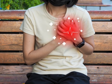 Young woman showing chest pain, heart, red icon with white plus icon, treatment, care, medical. photo