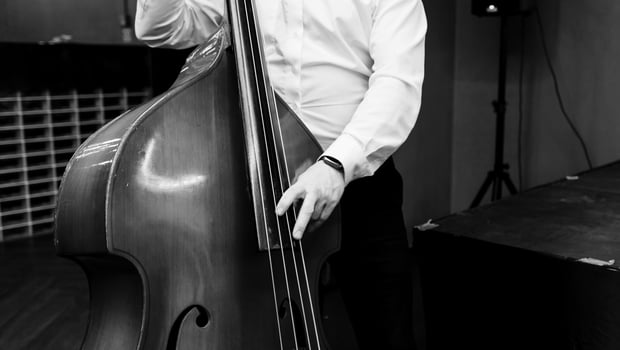 musician in a white shirt plays the double bass photo