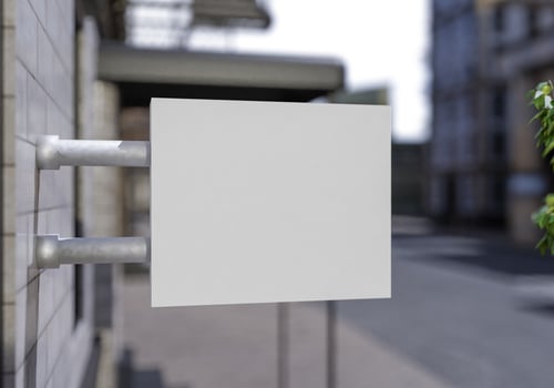 3D mockup blank signboard hanging out of shop rendering photo