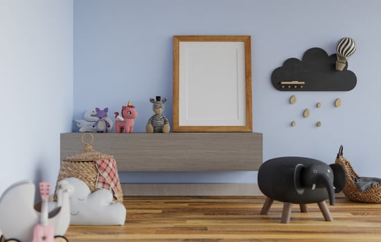 3D mockup blank white board in chirldren room rendering photo