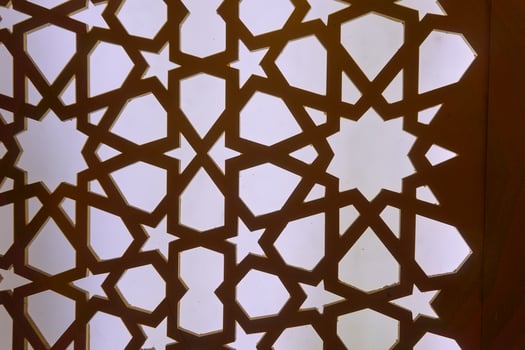 Silhouette of laser cut template panel with grey light. Arabian ornamental panel set. Silhouette or backlight ornament for background. photo