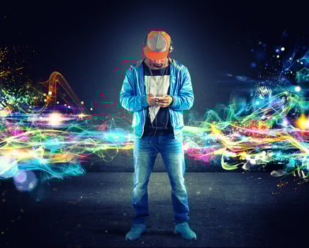 Boy listening hiphop music photo