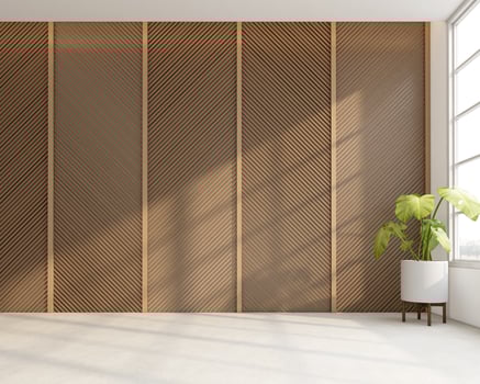 Japanese style empty room decorated with wooden slats wall and white concrete floor. 3d rendering photo