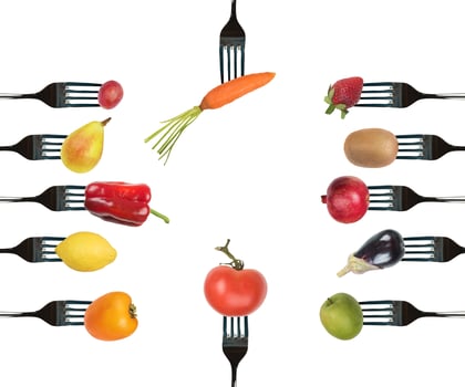 Background of forks with various vegetables and fruits photo