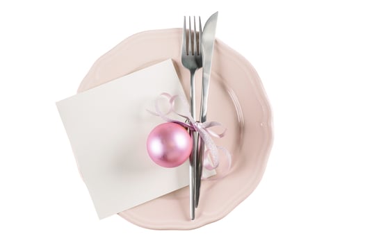 6456 Pink plate, silver cutlery and pink christmas balls isolated on a transparent background photo