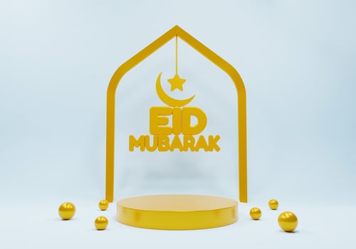 Eid Mubarak 3d modern style design with podium platform. Eid Mubarak Islamic holiday banner with Ramadan lantern and moon. Ramadan muslim decoration and background poster. Happy celebration of Eid. photo