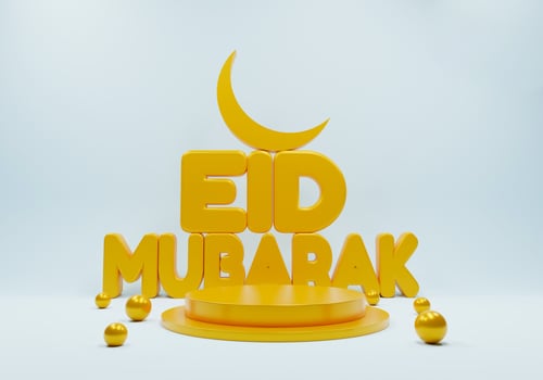 Eid Mubarak 3d modern style design with podium platform. Eid Mubarak Islamic holiday banner with Ramadan lantern and moon. Ramadan muslim decoration and background poster. Happy celebration of Eid. photo