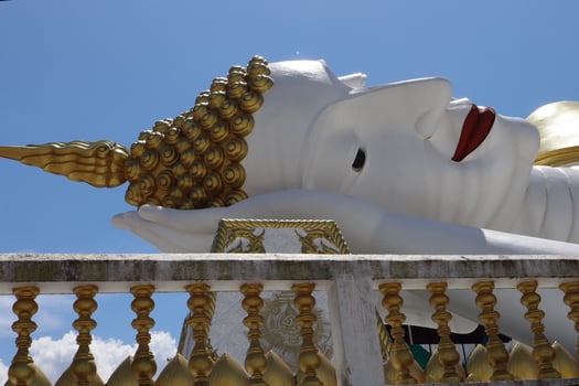 Wat That Noi, Nakhon Si Thammarat, Thailand, February 2023, Closeup of Big white reclining Buddha at Wat That Noi. photo