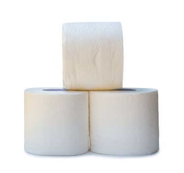 three rolls of white tissue paper or napkin in stack prepared for use in toilet or restroom isolated on white background with clipping path and shadow photo