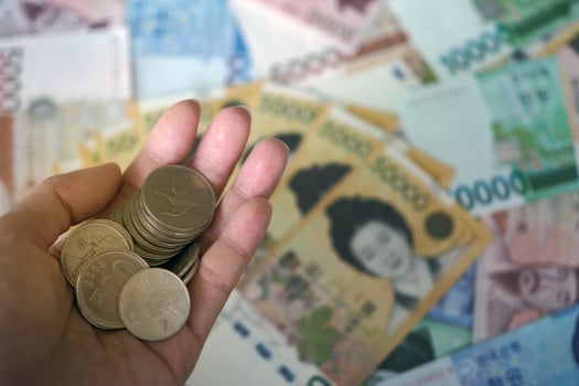 Korean won notes and Korean won coins for money concept background photo
