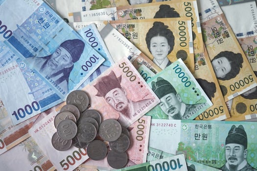 Korean won notes and Korean won coins for money concept background photo