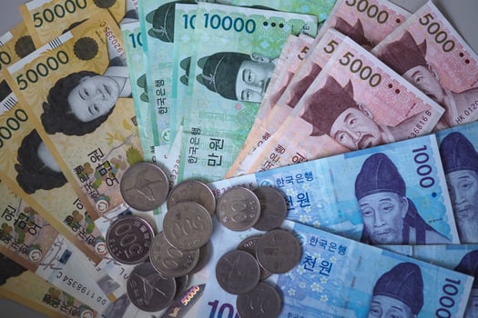 Korean won notes and Korean won coins for money concept background photo